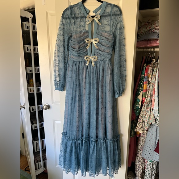 Worn once! SALONI Camille bow-embellished blue embroidered tulle midi dress. - Picture 2 of 7